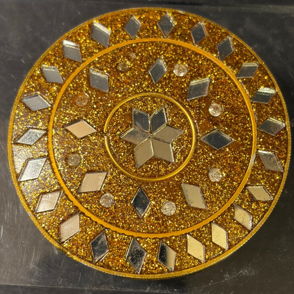 Vintage Gold Glitter Hand Mirror Mosaic Star Inlay Rhinestone Vanity Decor 3in